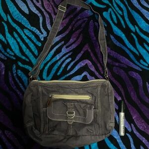 Brown and cream(grayish) shoulder bag with a boho vibe